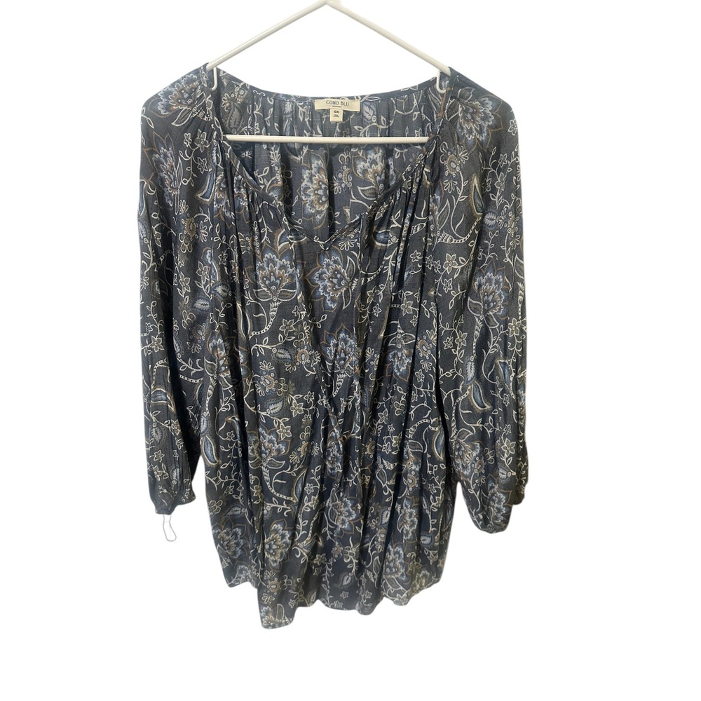 Como Blu Women's 0X Floral Print Long Sleeve Gray Tunic Blouse‎ Top